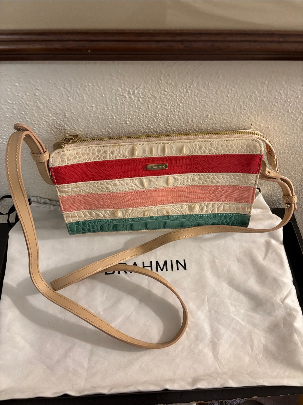 Brahmin Cream, Red, Coral & Teal Striped Leather Crossbody